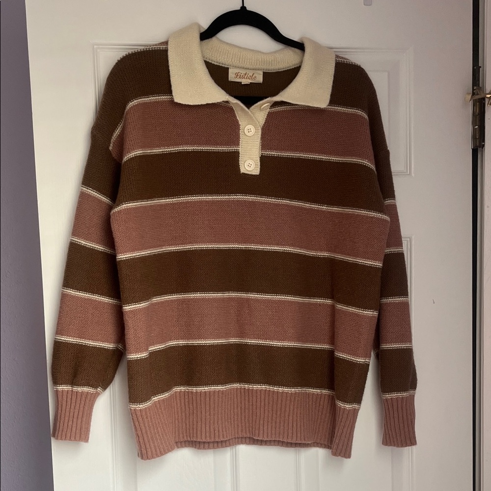 Listicle Cream Collar Brown and Dusty Rose Striped Polo Sweater